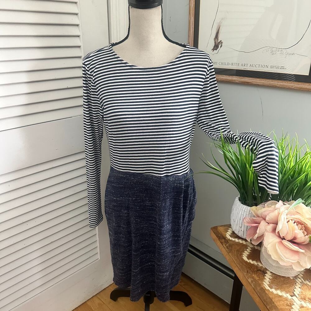 Dolan Dress Womens Large Jersey Knit Blue Striped Shift Coastal Preppy Casual
